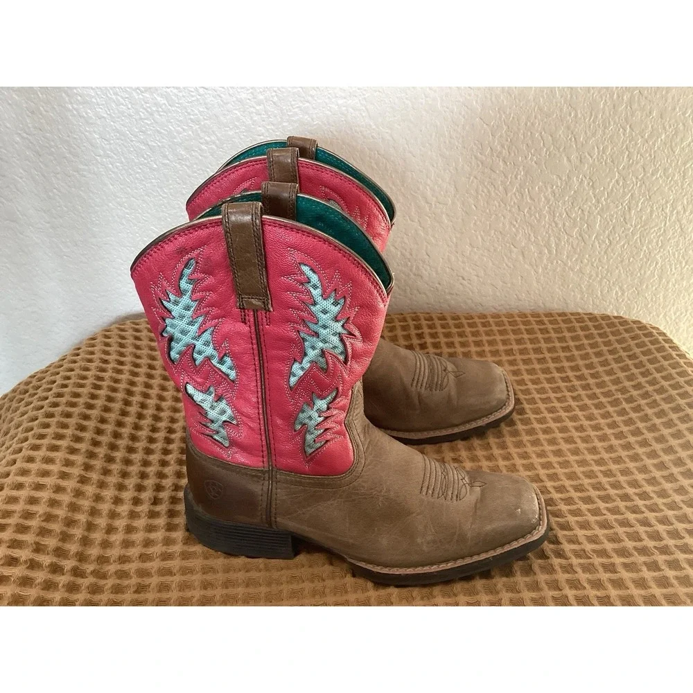 Ariat Pink Square Toe Boots Girls Sz 3 Brown Leather Western Cross Cowgirl